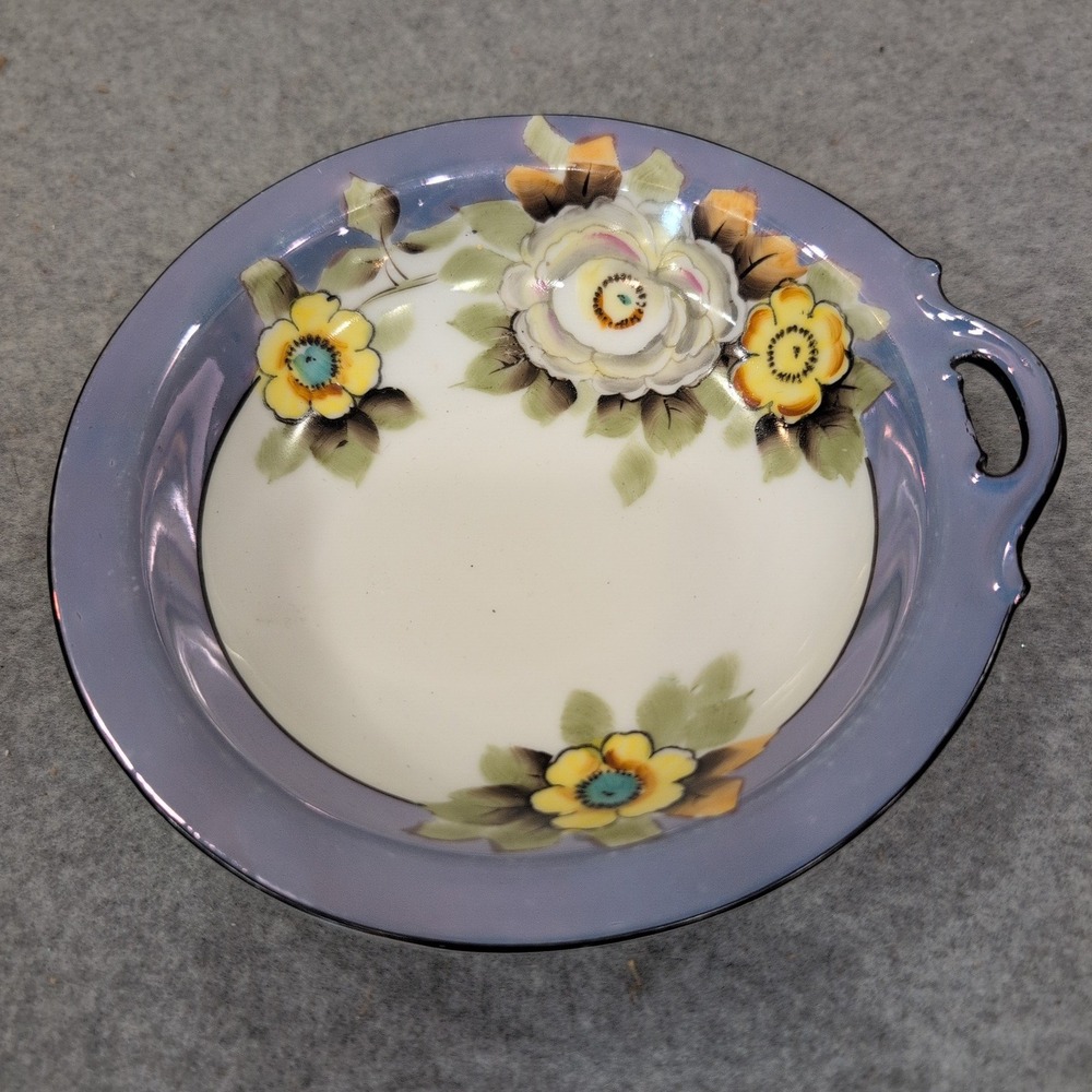 Vtg Noritake Hand Painted Floral Porcelain Nut Bowl Lavender Luster Rim Japan - Picture 1 of 5